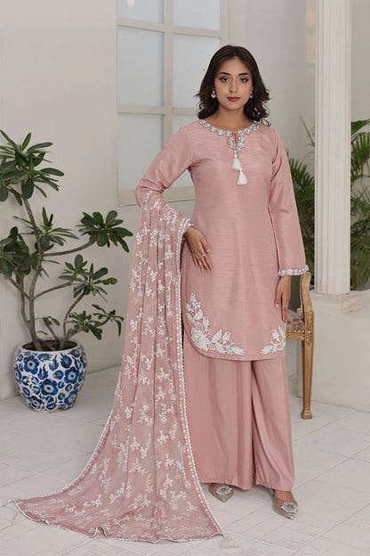 Embroidered Raw Silk Short Kurta Set with Plazzo & Net Dupatta