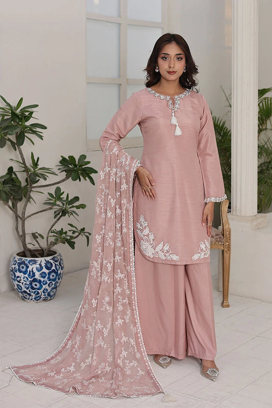 Embroidered Raw Silk Short Kurta Set with Plazzo & Net Dupatta
