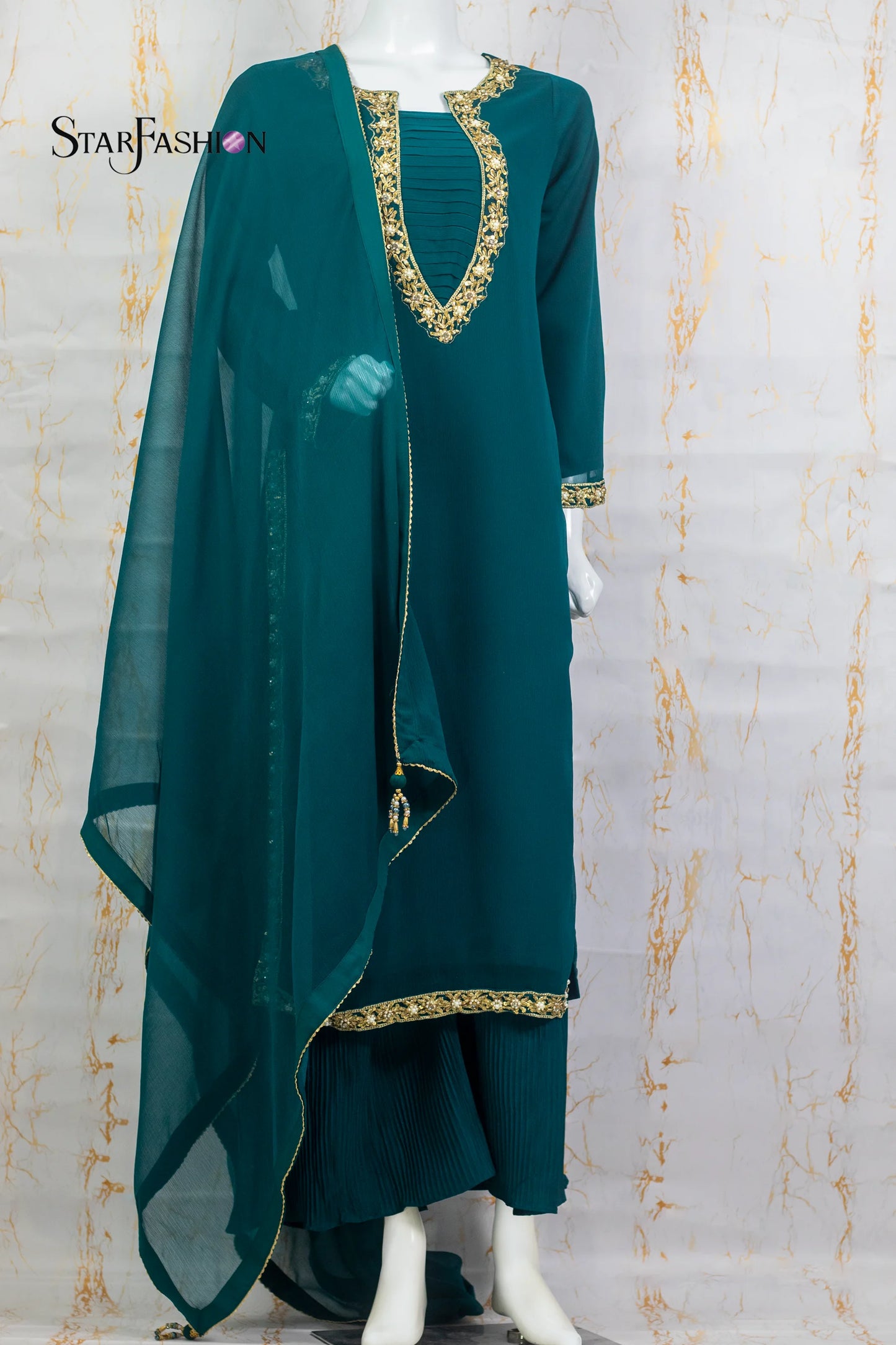 Sea Green Chiffon 3-Piece Dress with Dupatta