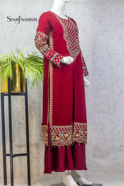 Maroon Color Embroidered Silk 3-Piece Dress