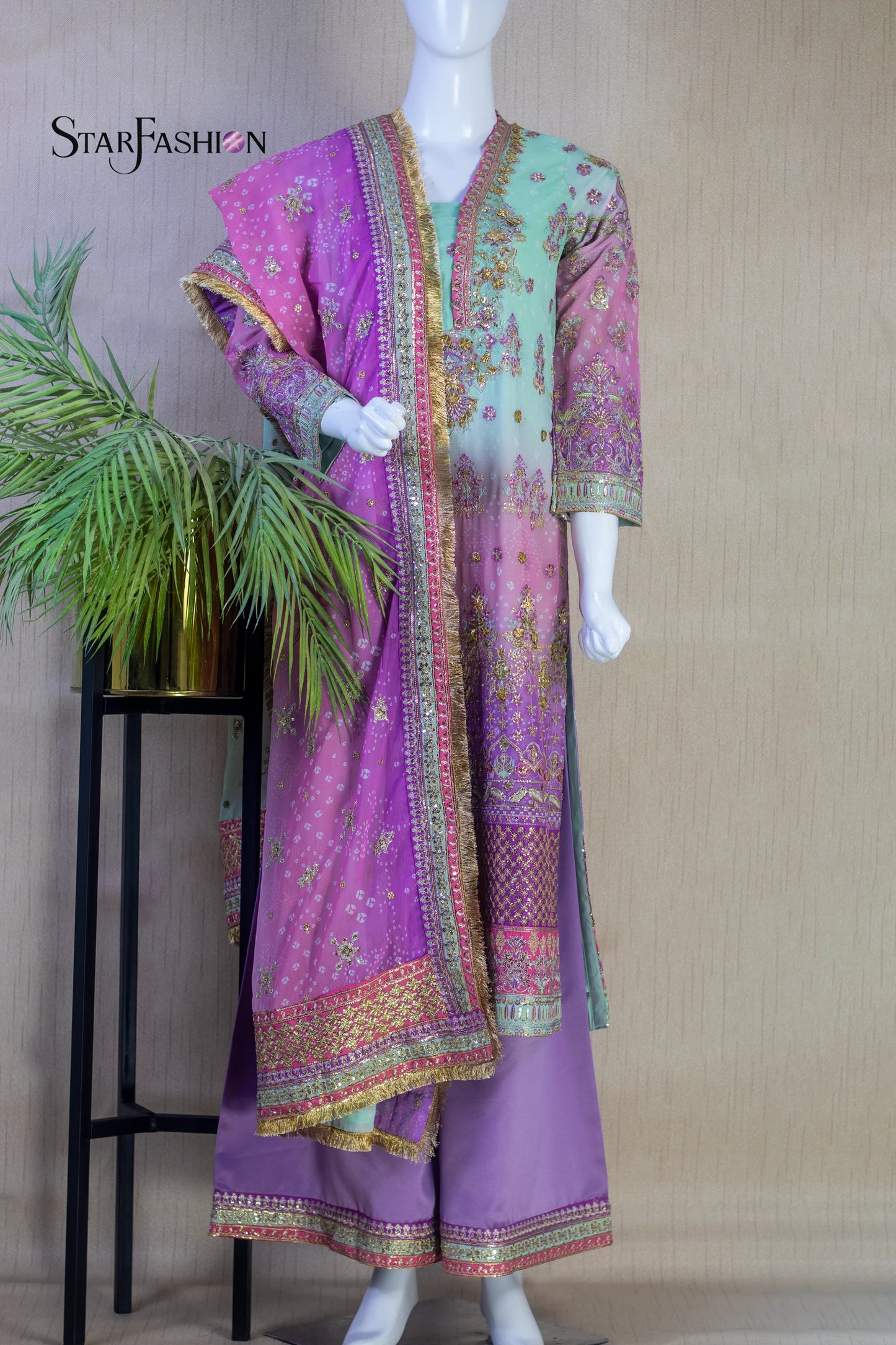 Elegant Chiffon Shirt with Satin Trouser & Matching Dupatta