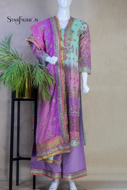Elegant Chiffon Shirt with Satin Trouser & Matching Dupatta