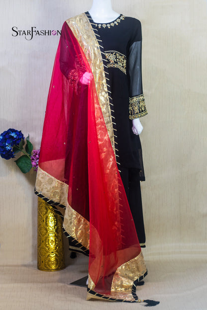 Elegant Black Chiffon Straight Shirt with Silk Trouser & Red Dupatta