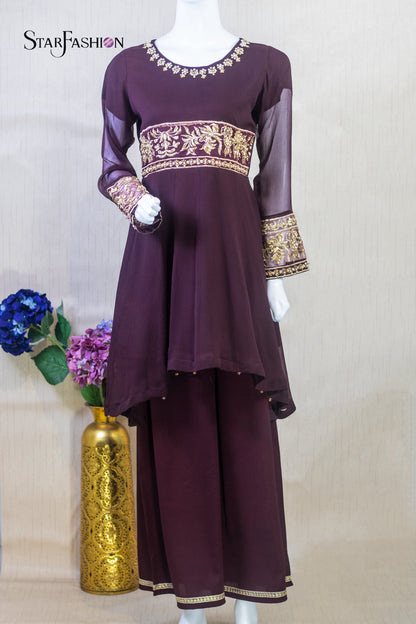 Elegant Berry Chiffon Straight Shirt with Silk Trouser & Pink Dupatta