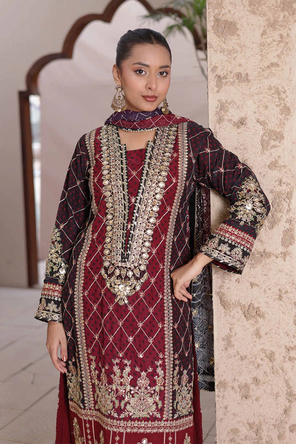 Maroon Chiffon Straight Shirt with Malai Silk Plazzo & Chunri Dupatta