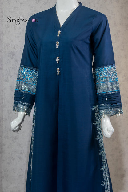 Raw Silk A-Line Kurta Set with Plazzo & Self-Textured Organza Dupatta