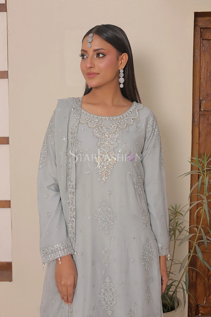 Embroidered Bemberg Crinkle Chiffon Kurta Set with Wide-Leg Sharara & Crinkle Chiffon Dupatta