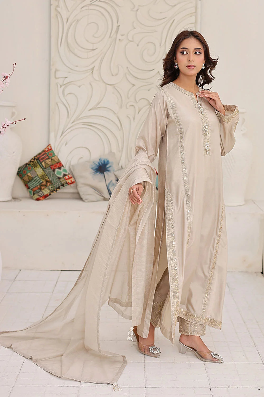Refined Embroidered Raw Silk Straight-Cut Kurta Set