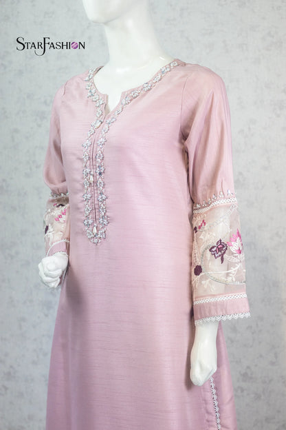 Embroidered Straight Khadi Silk Kurta Set with Plazzo & Organza Dupatta
