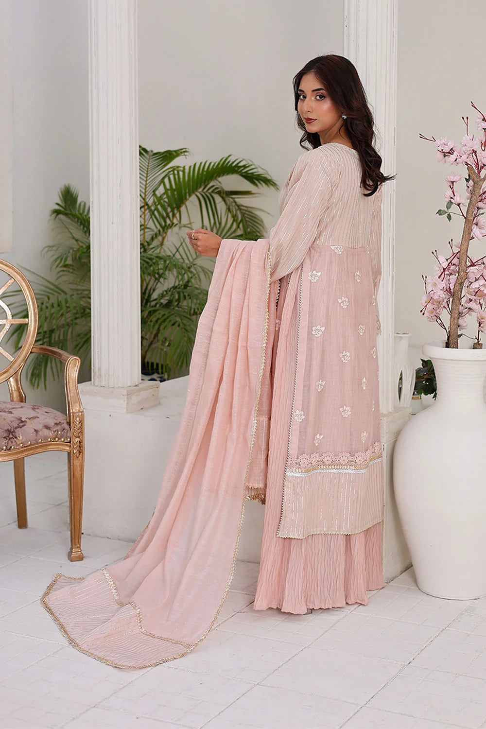 Embroidered Gown Style Chiffon Suit with Net Dupatta