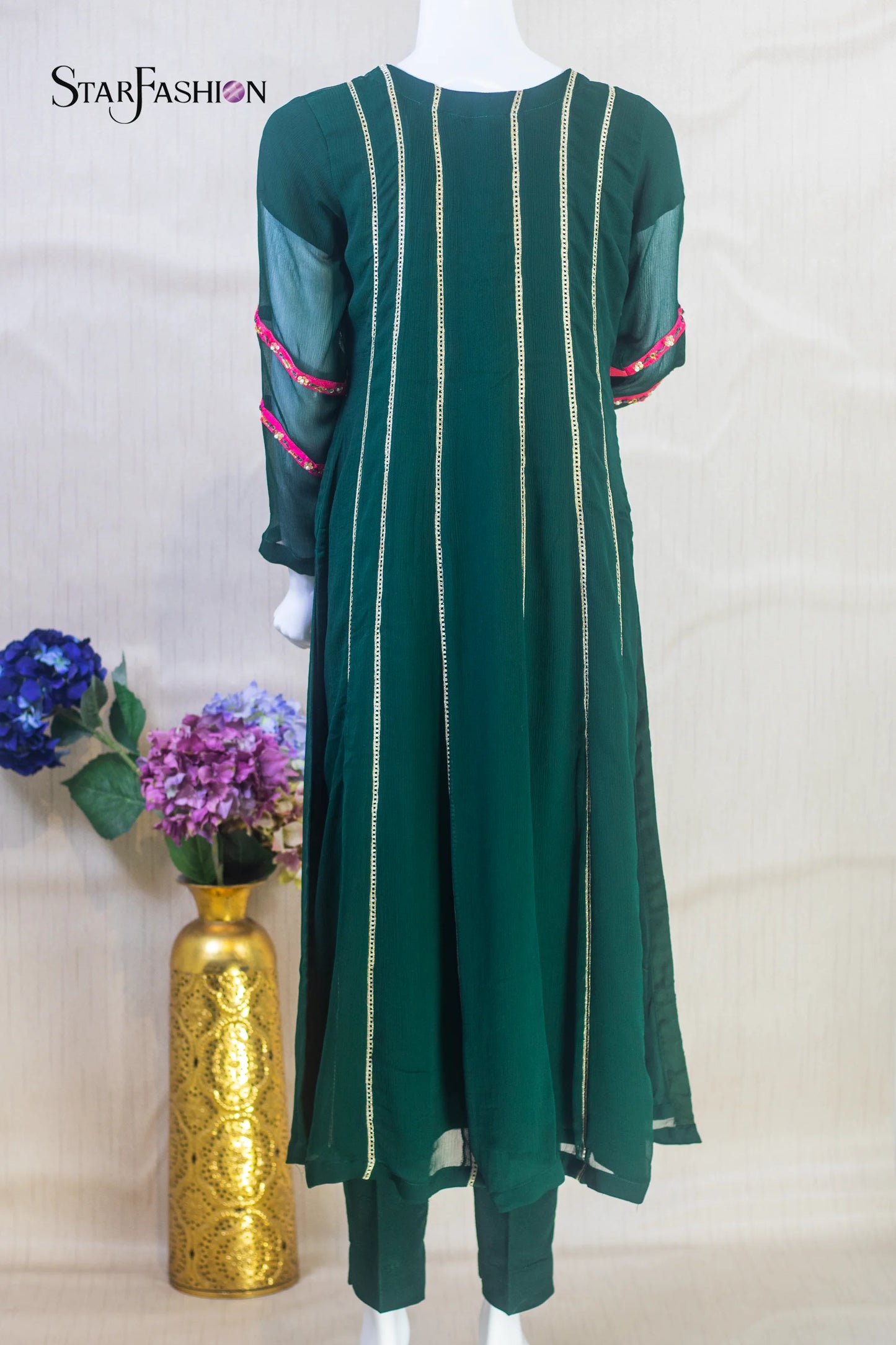 Elegant Bottle Green Chiffon Straight Suit with Silk Trouser