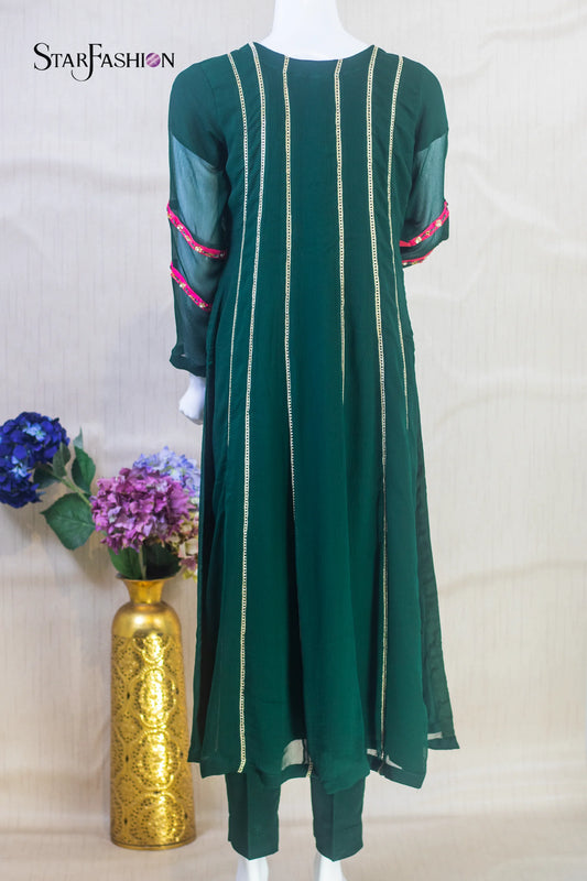 Elegant Bottle Green Chiffon Straight Suit with Silk Trouser