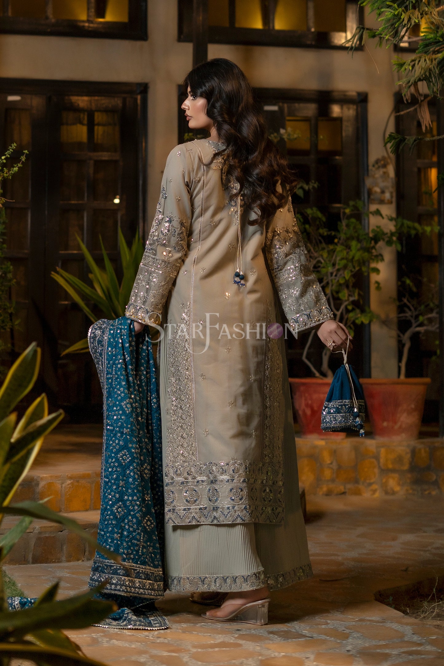 Grey Embroidered Net Luxury Pret Suit with Chiffon Dupatta