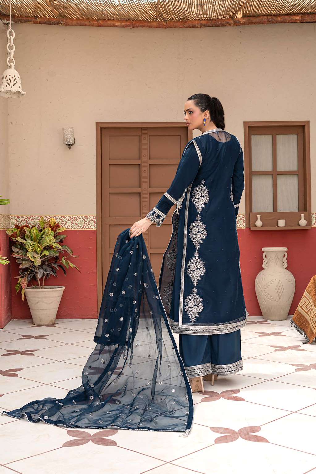 Navy Blue | Organza | Embroidered | 3-Piece Suit