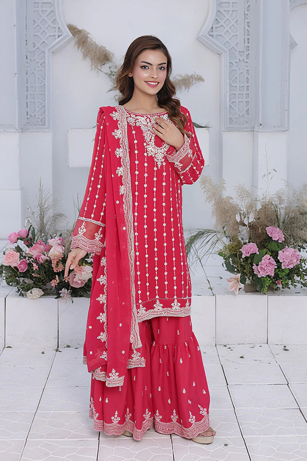 Embroidered Watermelon Kurti Set with Straight-Leg Gharara & Crinkle Chiffon Dupatta