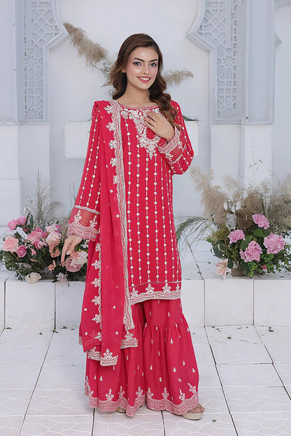 Embroidered Watermelon Kurti Set with Straight-Leg Gharara & Crinkle Chiffon Dupatta