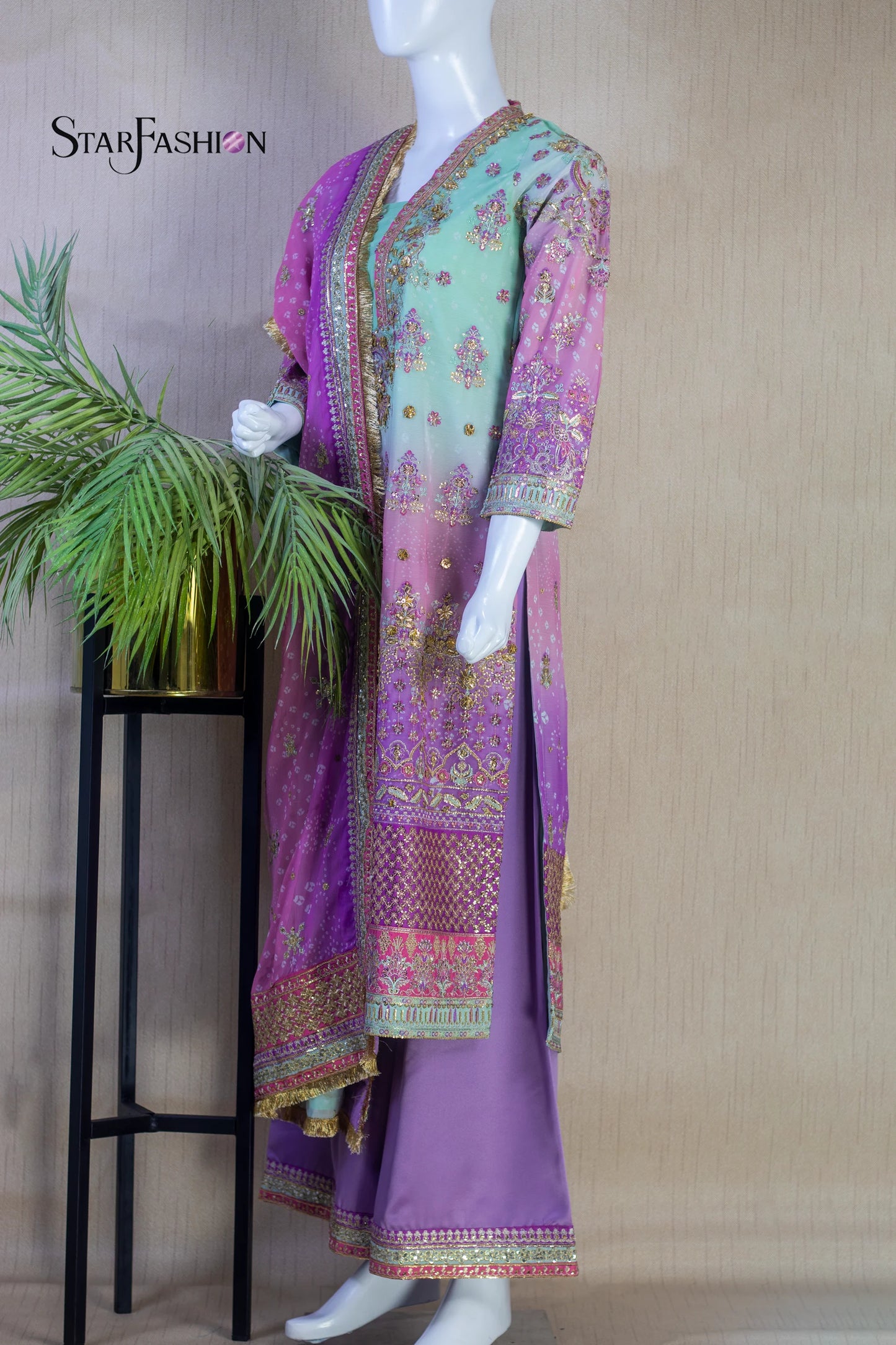 Elegant Chiffon Shirt with Satin Trouser & Matching Dupatta