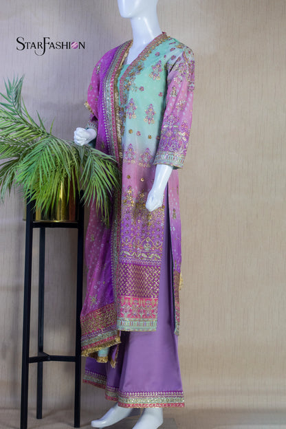 Elegant Chiffon Shirt with Satin Trouser & Matching Dupatta