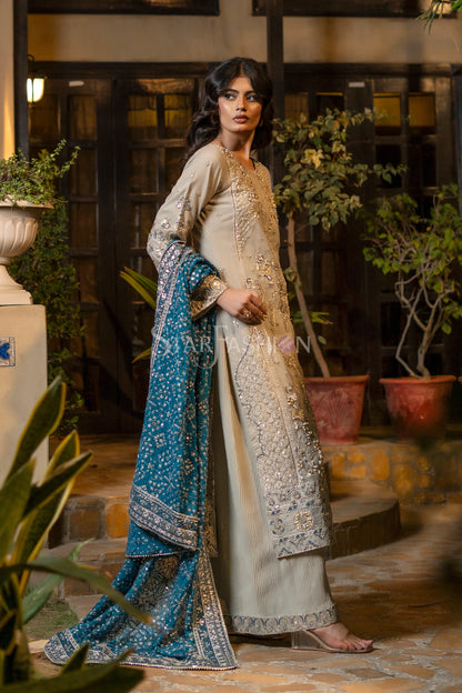 Grey Embroidered Net Luxury Pret Suit with Chiffon Dupatta