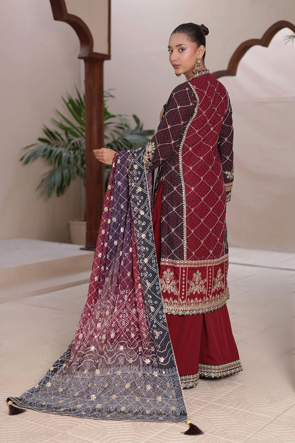 Maroon Chiffon Straight Shirt with Malai Silk Plazzo & Chunri Dupatta
