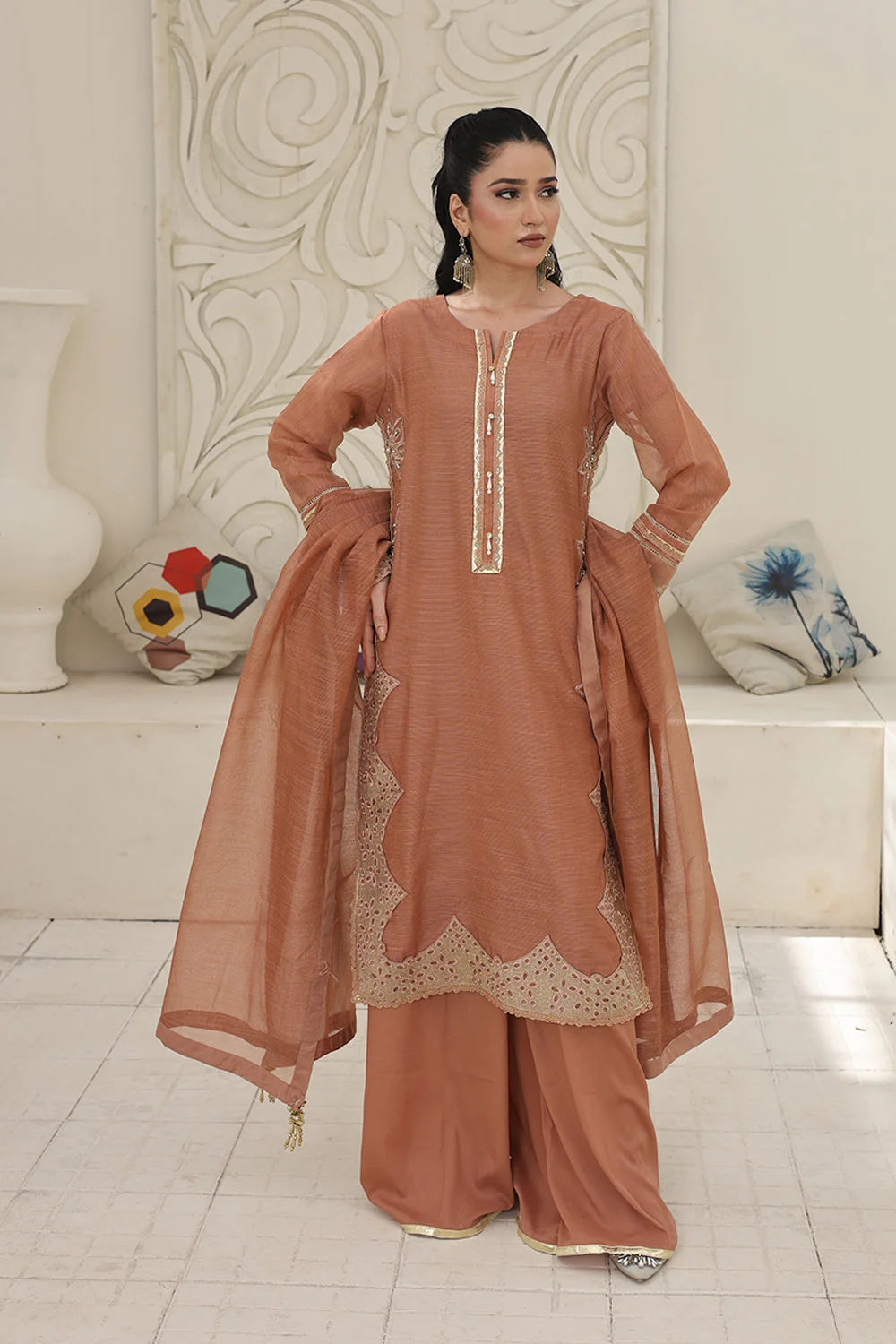 Embroidered Khaddi Net Kurta Set with Plazzo & Dupatta