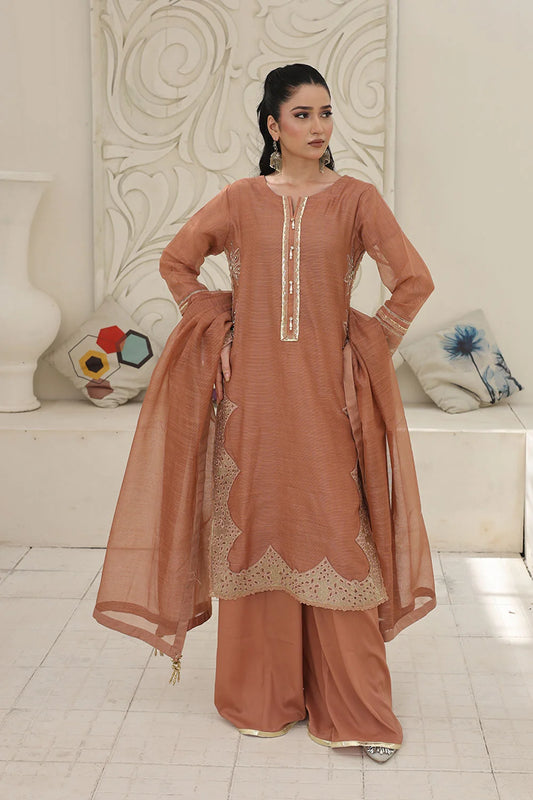 Embroidered Khaddi Net Kurta Set with Plazzo & Dupatta
