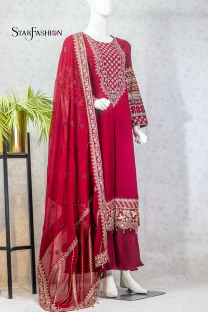 Maroon Color Embroidered Silk 3-Piece Dress