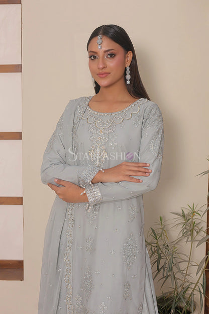 Embroidered Bemberg Crinkle Chiffon Kurta Set with Wide-Leg Sharara & Crinkle Chiffon Dupatta