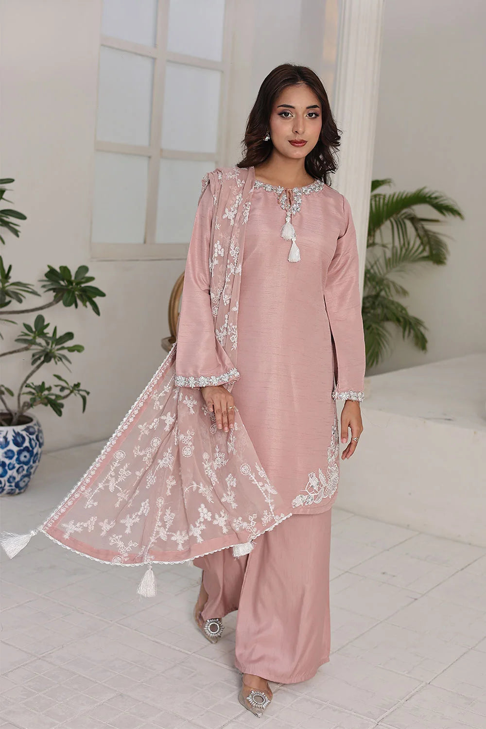 Embroidered Raw Silk Short Kurta Set with Plazzo & Net Dupatta