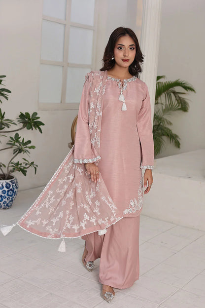 Embroidered Raw Silk Short Kurta Set with Plazzo & Net Dupatta