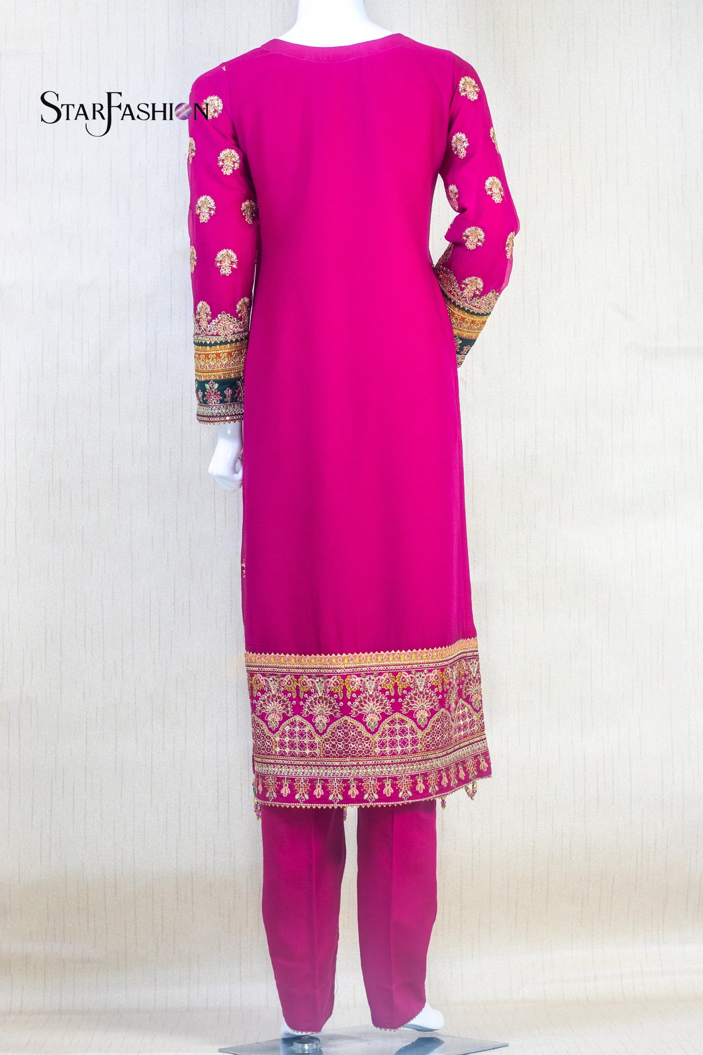 Embroidered Chiffon Straight Suit with Net Dupatta & Silk Trouser