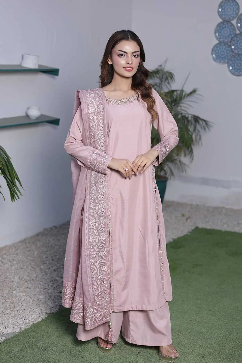 Silk Long A-Line Kurta Suit with Khaddi Net Dupatta