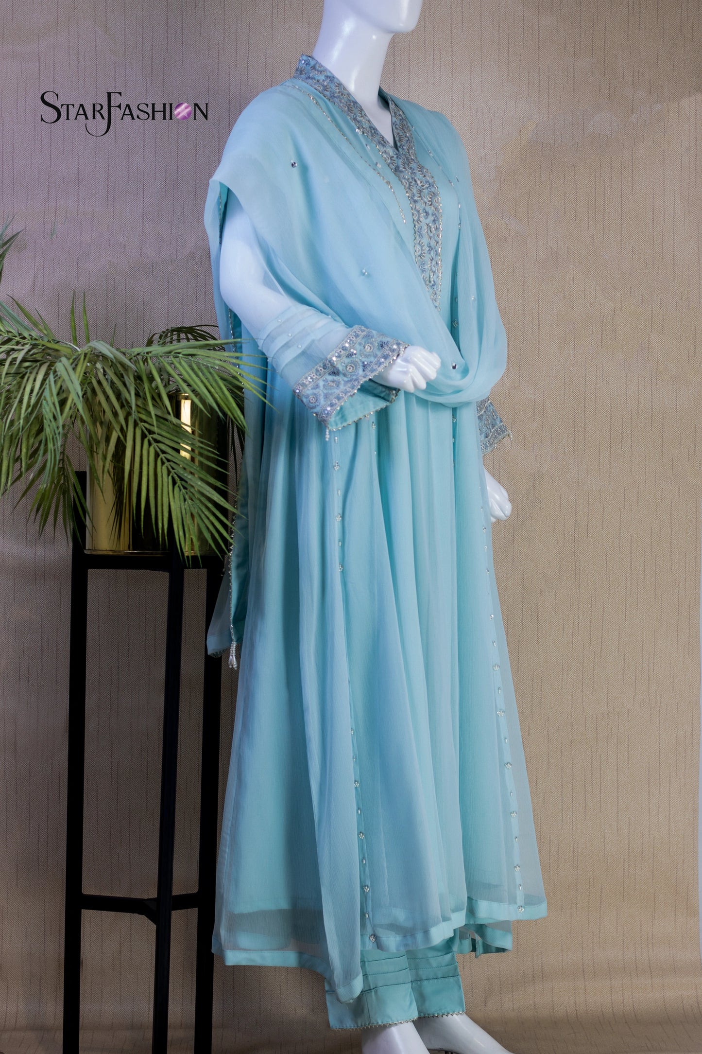 Iridescent Chiffon Ensemble with Silk Trouser & Dupatta