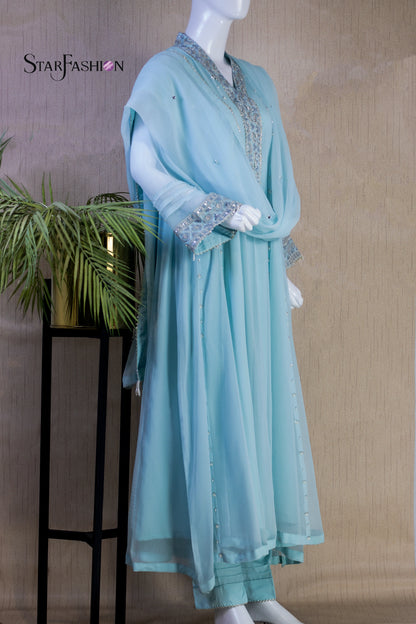 Iridescent Chiffon Ensemble with Silk Trouser & Dupatta