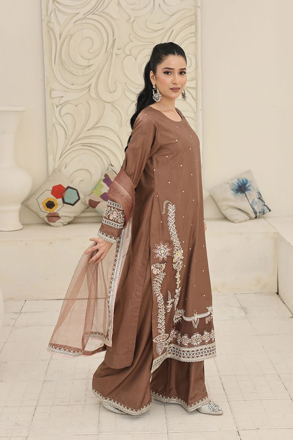 Embroidered Raw Silk Suit with Khaddi Net Dupatta