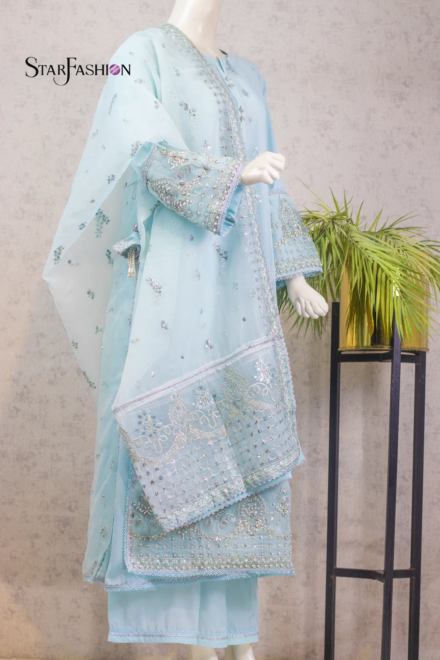 Sky Blue Crepe & Organza Gown with Dupatta