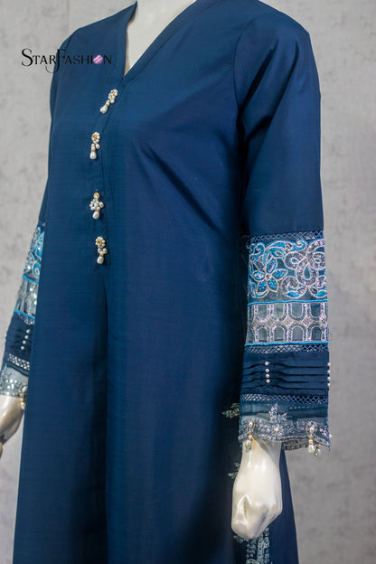 Raw Silk A-Line Kurta Set with Plazzo & Self-Textured Organza Dupatta