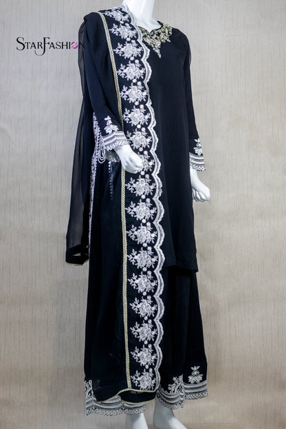 Black Stitched luxury Chiffon Short Shirt with Long Embroidered Dupatta and Crinkle Silk Plazo