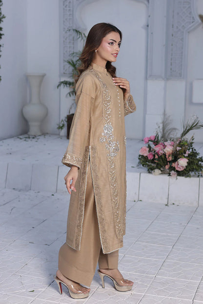 Embroidered Tan Brown A-Line Organza Net Kurta Set with Raw Silk Shalwar & Organza Dupatta