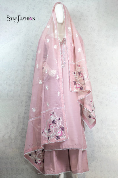 Embroidered Straight Khadi Silk Kurta Set with Plazzo & Organza Dupatta
