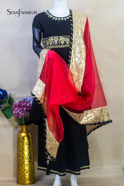 Elegant Black Chiffon Straight Shirt with Silk Trouser & Red Dupatta