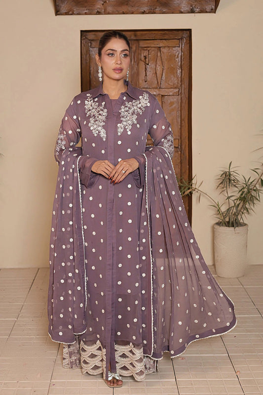 Dusty Mauve Chiffon Gown with Malai Silk Trouser & Embroidered Dupatta