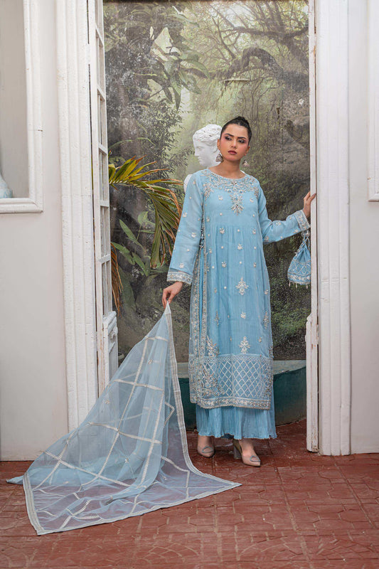 Baby blue | Organza | Embroidered | 4-Piece Suit