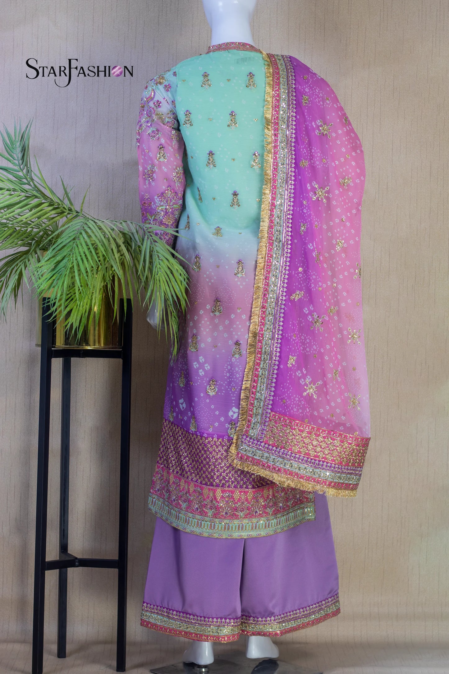 Elegant Chiffon Shirt with Satin Trouser & Matching Dupatta