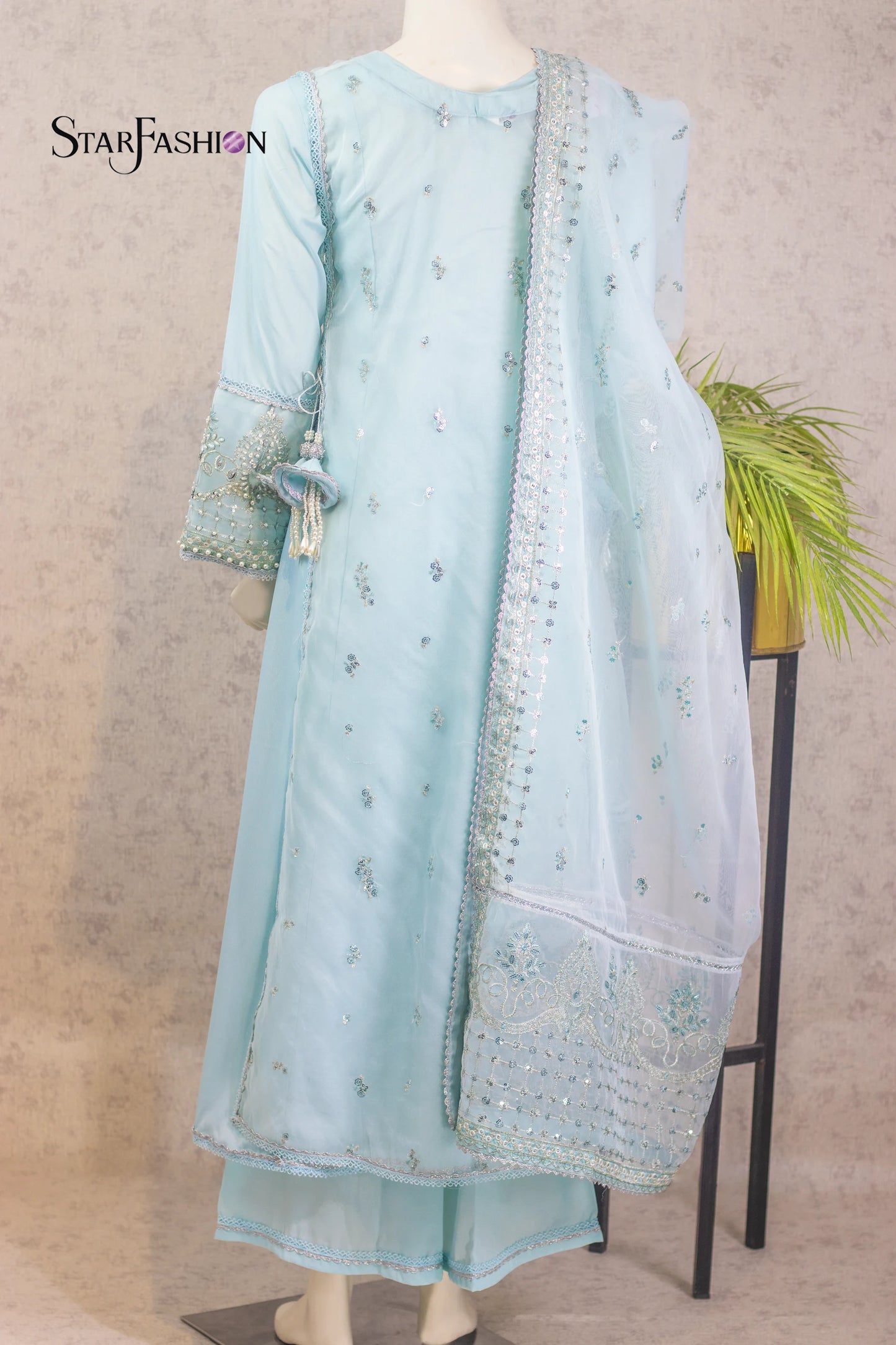 Sky Blue Crepe & Organza Gown with Dupatta