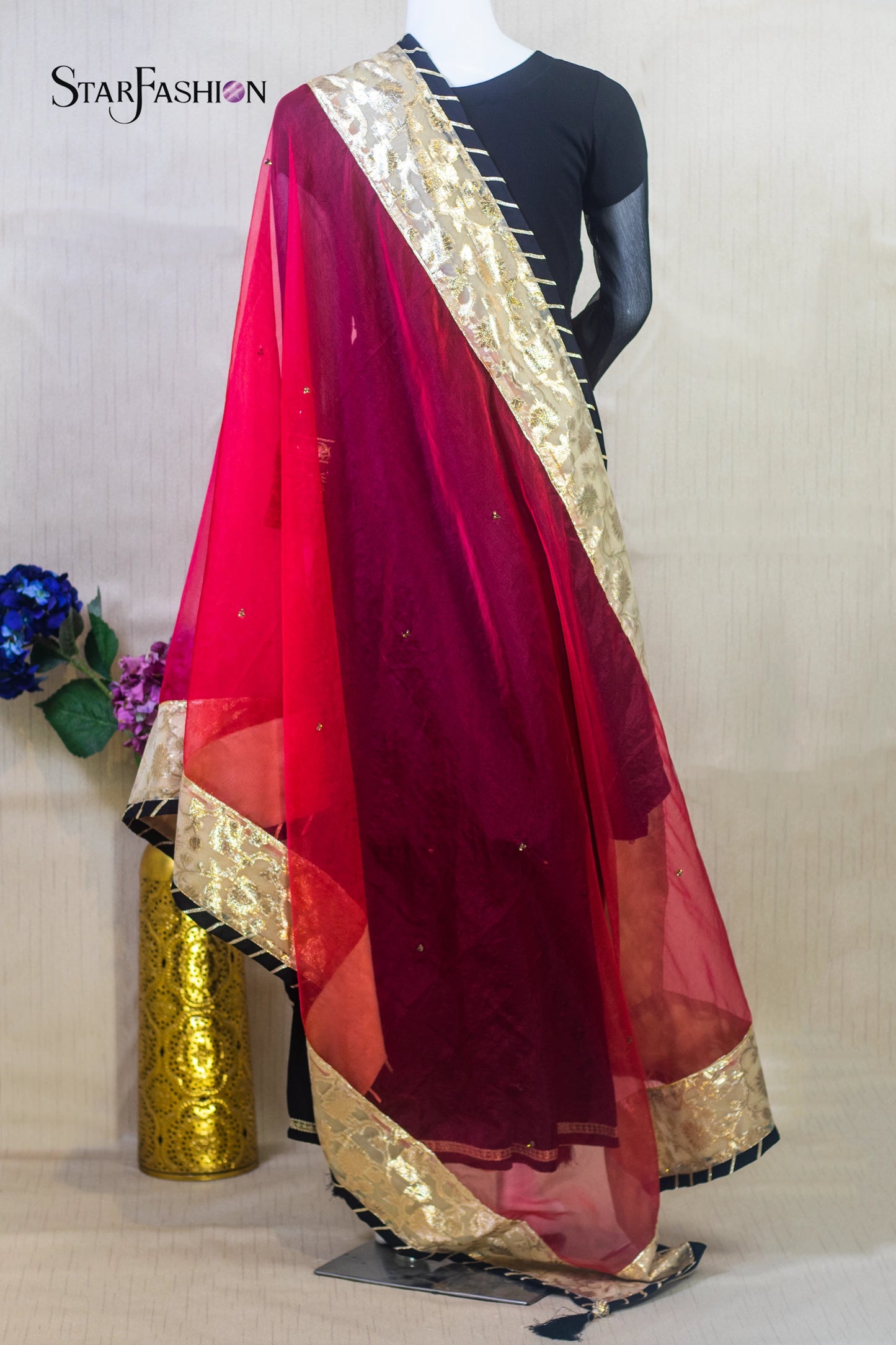 Elegant Black Chiffon Straight Shirt with Silk Trouser & Red Dupatta