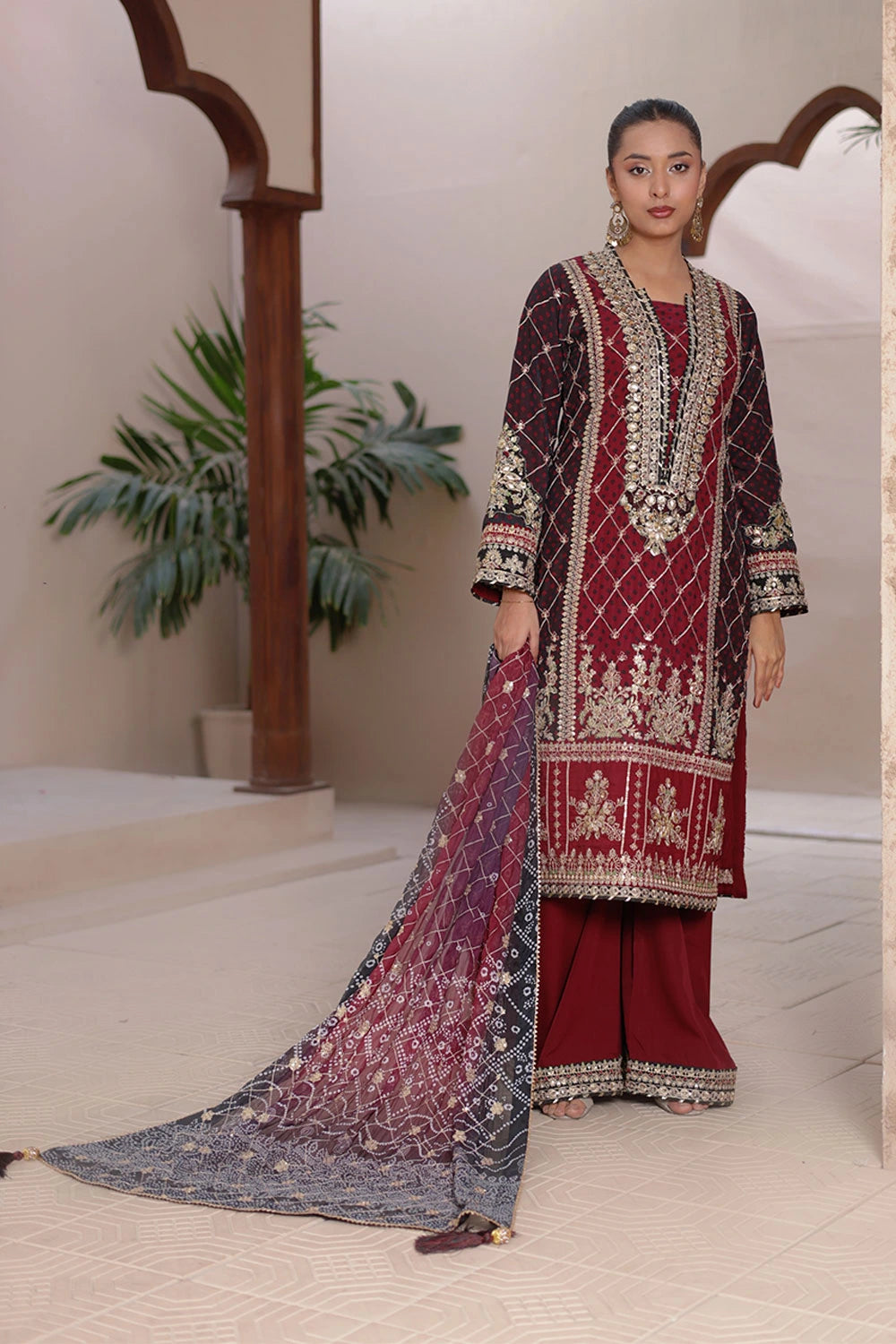 Maroon Chiffon Straight Shirt with Malai Silk Plazzo & Chunri Dupatta