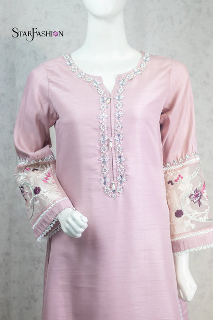 Embroidered Straight Khadi Silk Kurta Set with Plazzo & Organza Dupatta