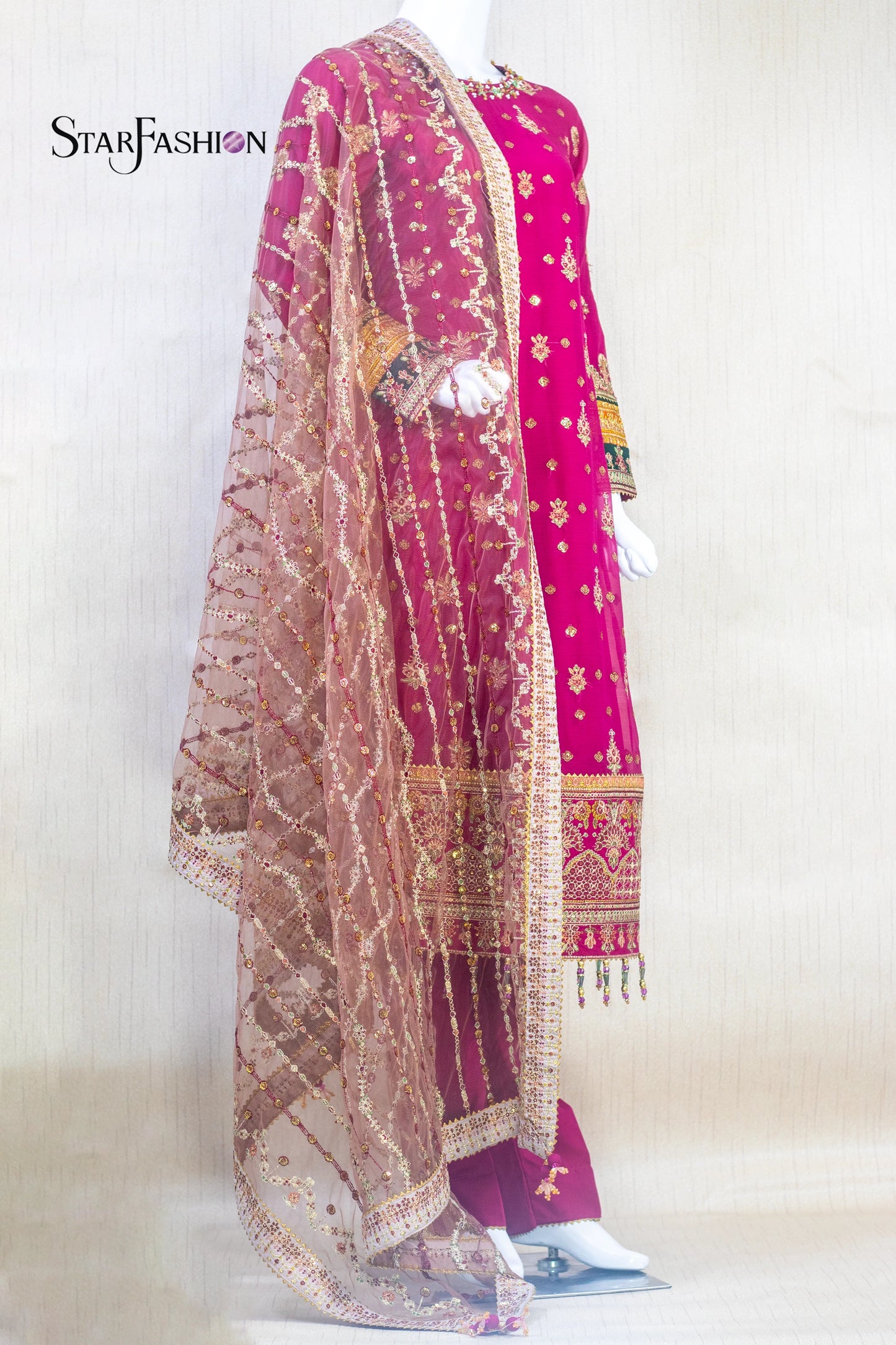 Embroidered Chiffon Straight Suit with Net Dupatta & Silk Trouser