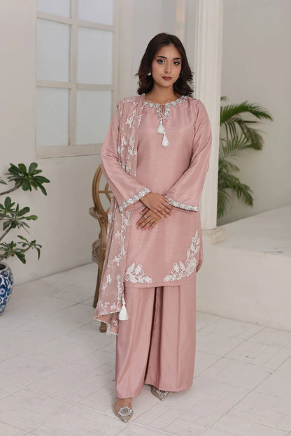 Embroidered Raw Silk Short Kurta Set with Plazzo & Net Dupatta